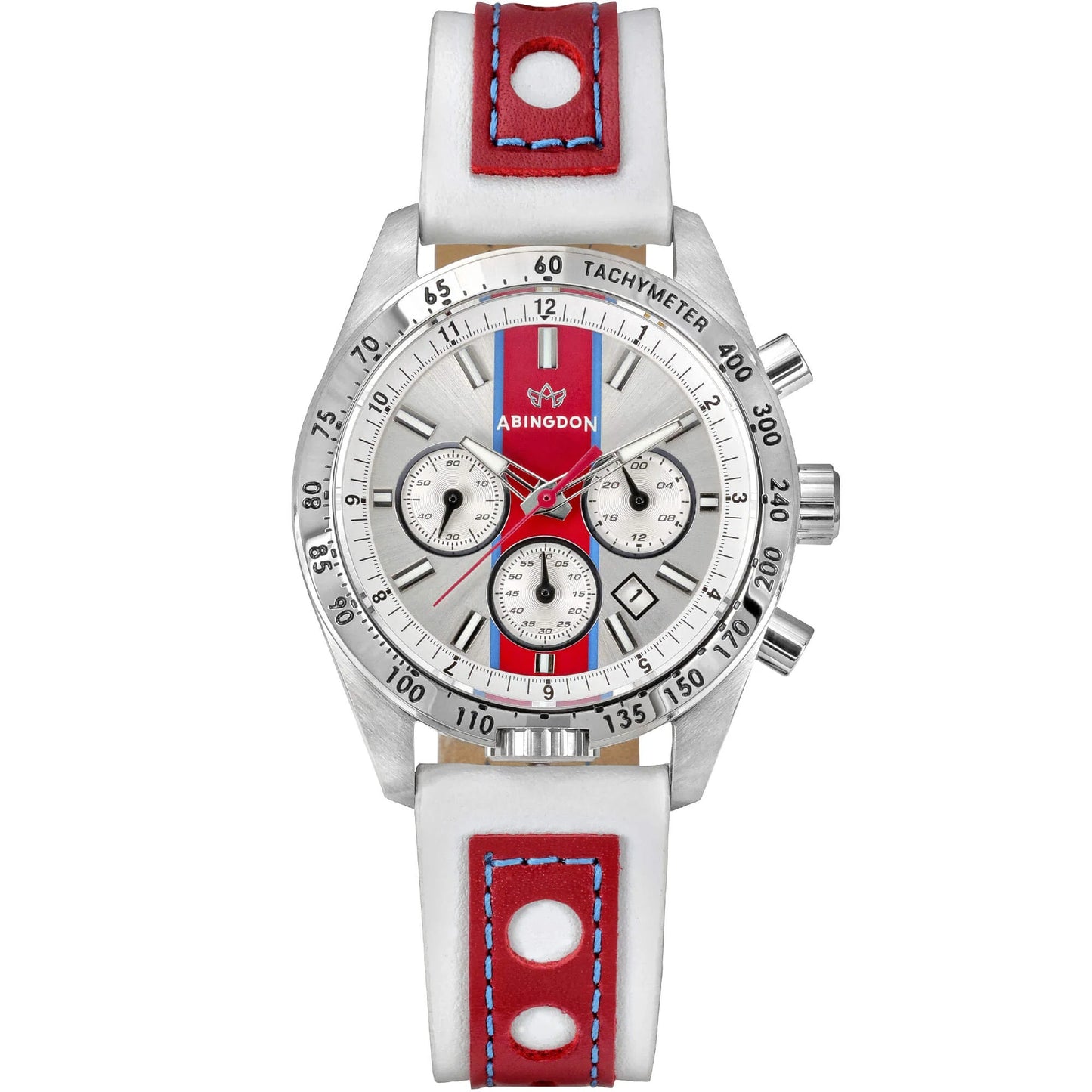 Jordan Women’s Pilot Watch with Victory Red and Blue Racing Stripe Dial, White and Red Leather Band, Chronograph Subdials, and Silver Tachymeter Bezel