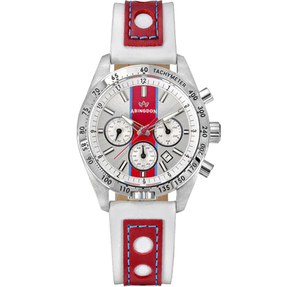 Jordan Women’s Pilot Watch with Victory Red and Blue Racing Stripe Dial, White and Red Leather Band, Chronograph Subdials, and Silver Tachymeter Bezel