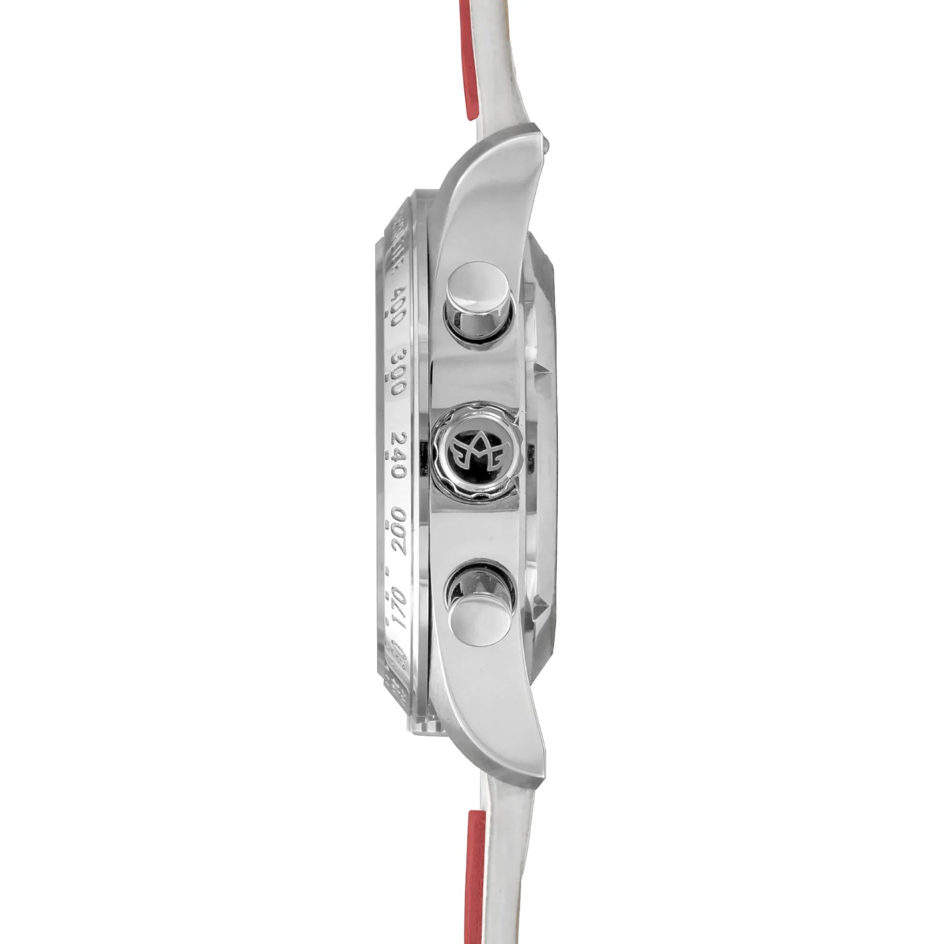 Side Profile of Jordan Women’s Pilot Watch with Victory Red Dial, Silver Stainless Steel Case, and White Leather Strap with Red Trim