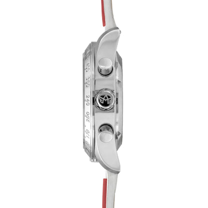 Side Profile of Jordan Women’s Pilot Watch with Victory Red Dial, Silver Stainless Steel Case, and White Leather Strap with Red Trim