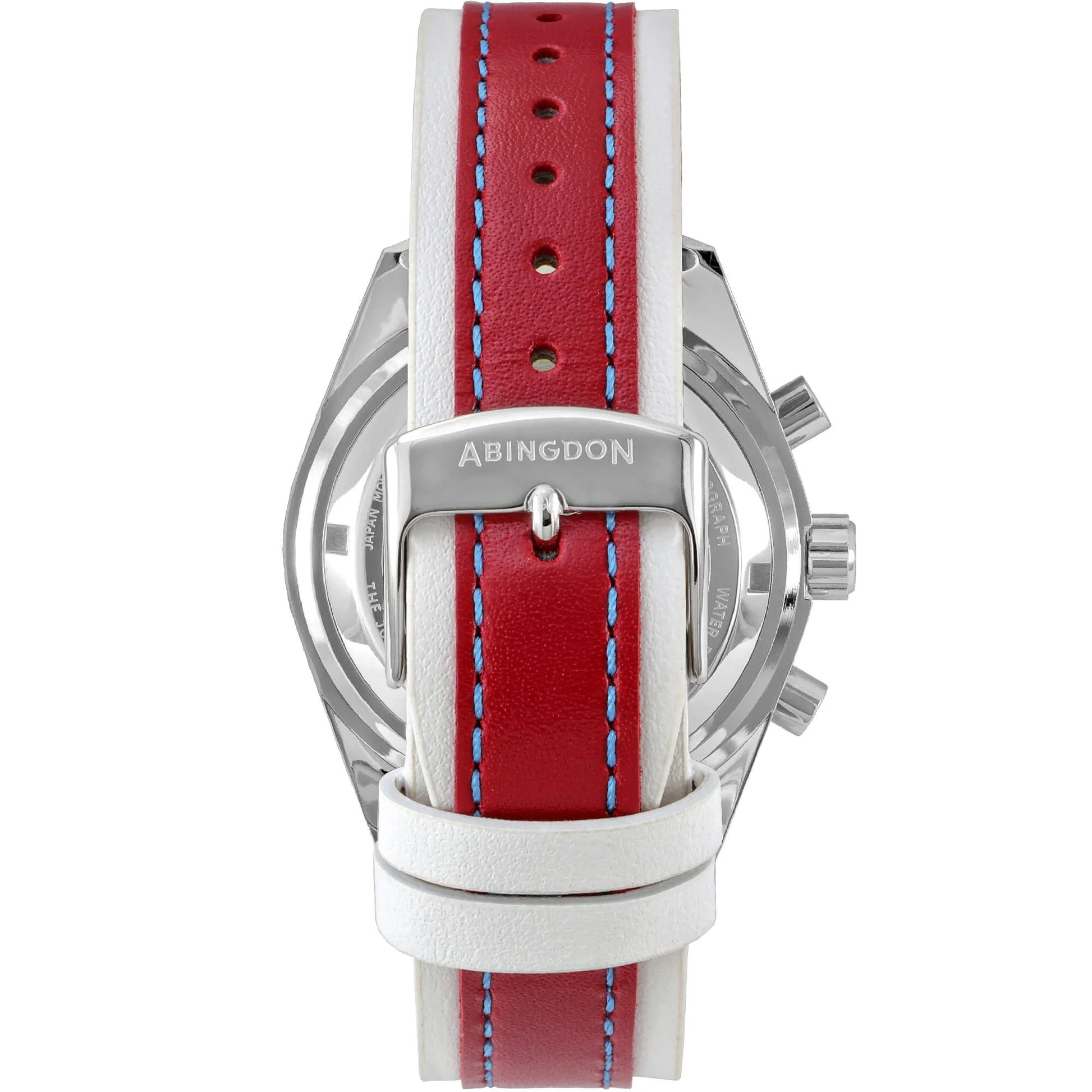 Back View of Jordan Women’s Pilot Watch with White and Red Leather Strap, Blue Stitching, and Stainless Steel Abingdon Buckle Clasp