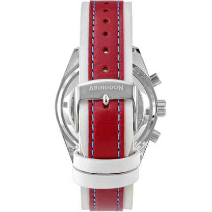 Back View of Jordan Women’s Pilot Watch with White and Red Leather Strap, Blue Stitching, and Stainless Steel Abingdon Buckle Clasp