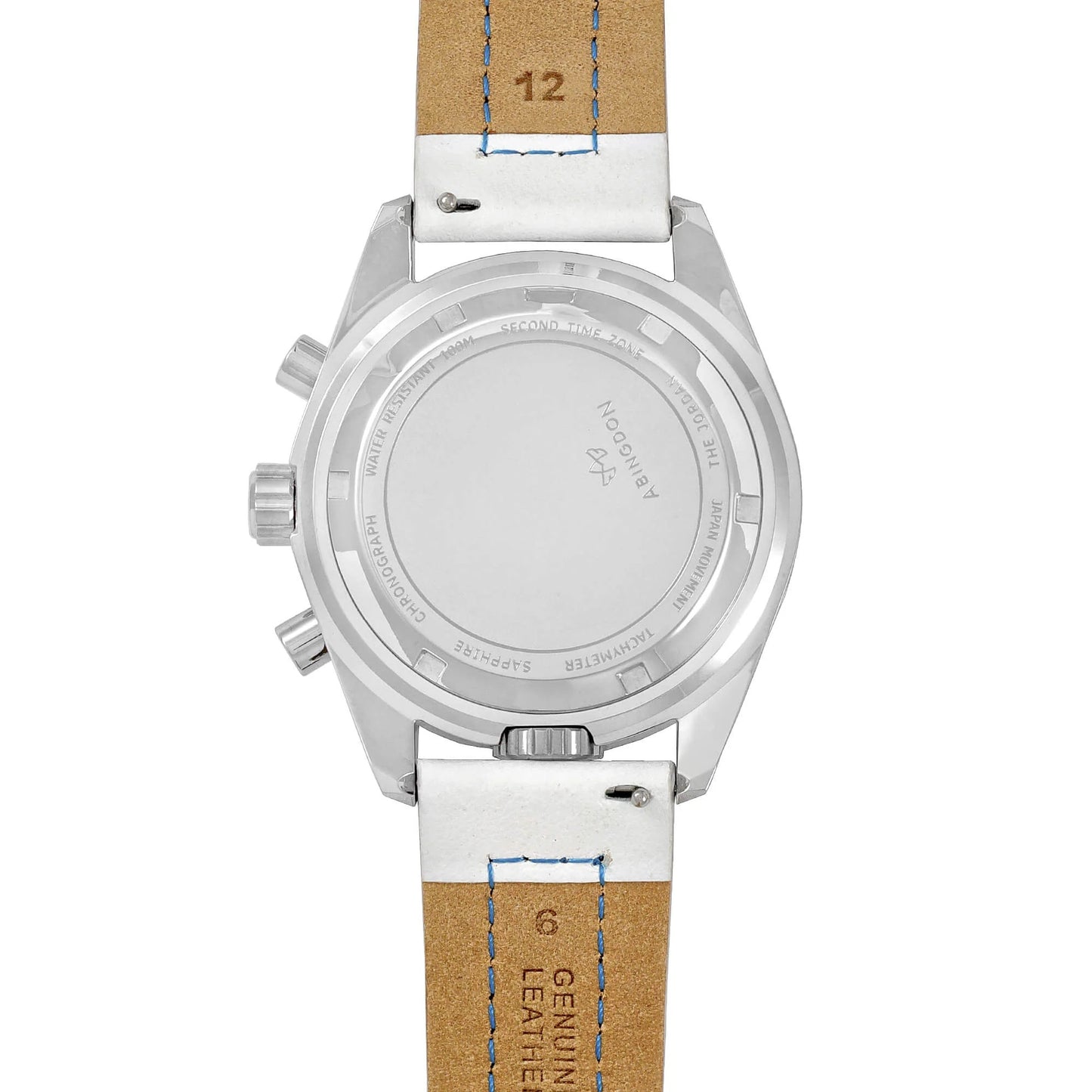 Caseback of Jordan Women’s Pilot Watch with Stainless Steel Back, White and Red Leather Strap with Blue Stitching, and Genuine Leather Marking
