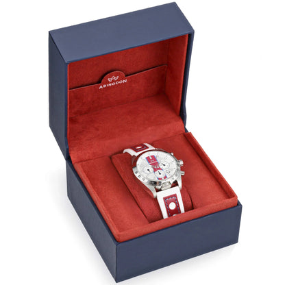 Jordan Women’s Pilot Watch with Victory Red Dial and White Leather Strap, Displayed in Abingdon Co. Navy Blue and Red Gift Box