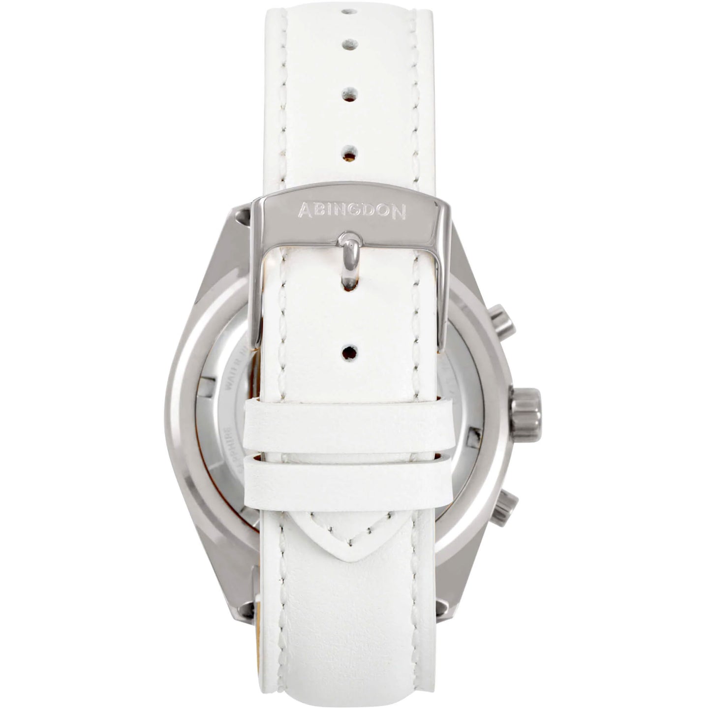 Back view of Katherine Women’s Pilot Watch with white leather strap and stainless steel buckle, showing case back and chronograph buttons