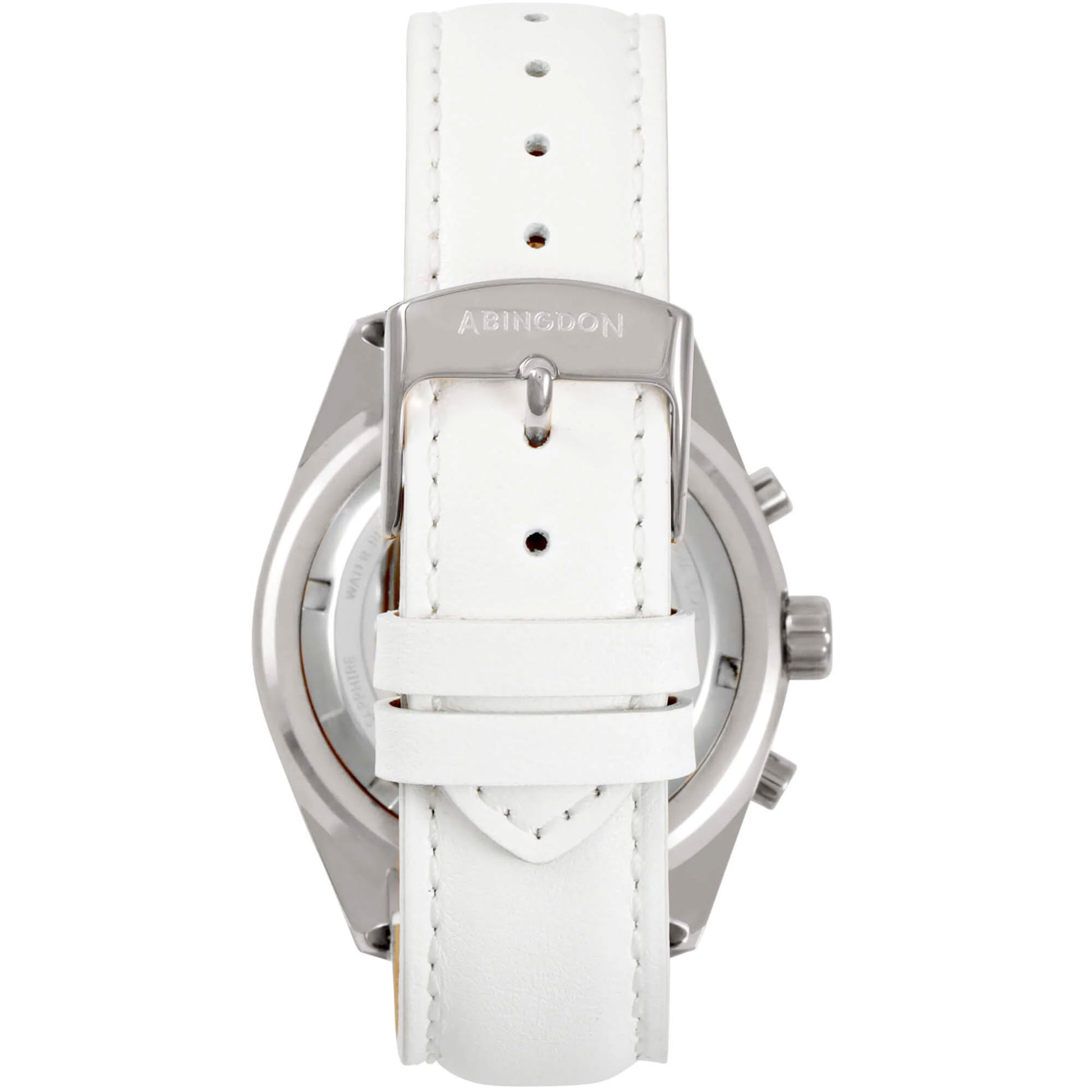 Back view of Katherine Women’s Pilot Watch with white leather strap and stainless steel buckle, showing case back and chronograph buttons