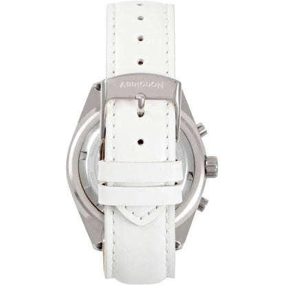 Back view of Katherine Women’s Pilot Watch with white leather strap and stainless steel buckle, showing case back and chronograph buttons