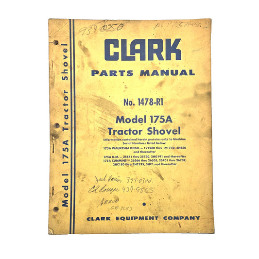 Clark Parts Manual Model 175A Tractor Shovel No.1478-R1