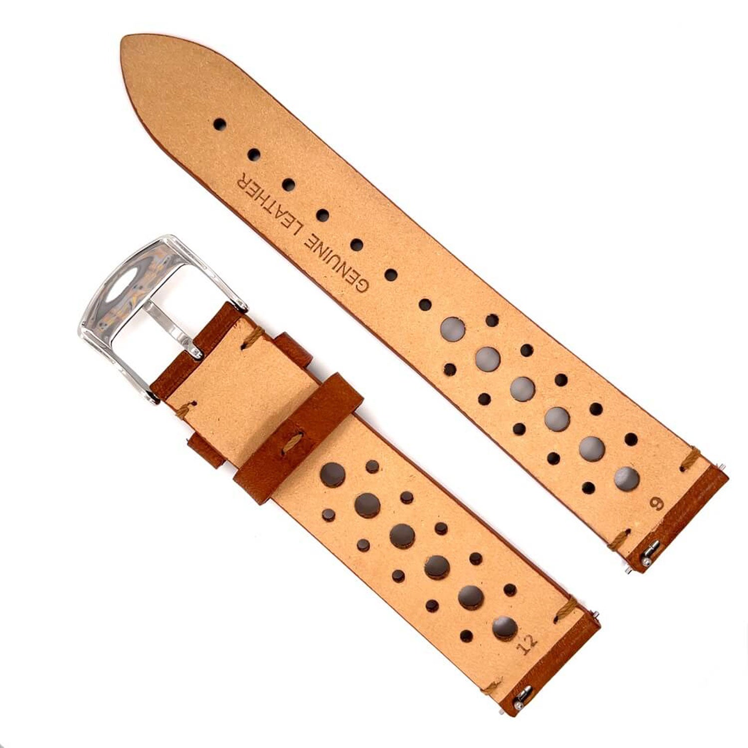 Back View of Abingdon 20mm Brown Racing Leather Watch Band Showing Genuine Leather Mark and EZ-Release Pins