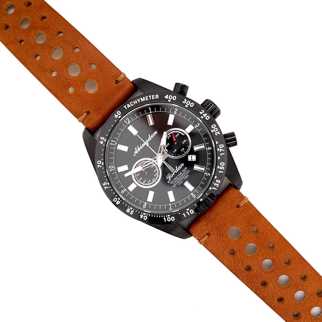 Abingdon Jordan Chronograph Watch with 20mm Brown Racing Leather Rally Strap Featuring Perforated Design