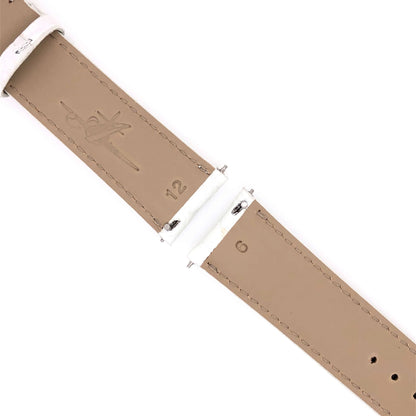 Back Side of Abingdon 20mm Smooth White Croco-Embossed Leather Watch Band with Stamped Logo and Quick Release Pins