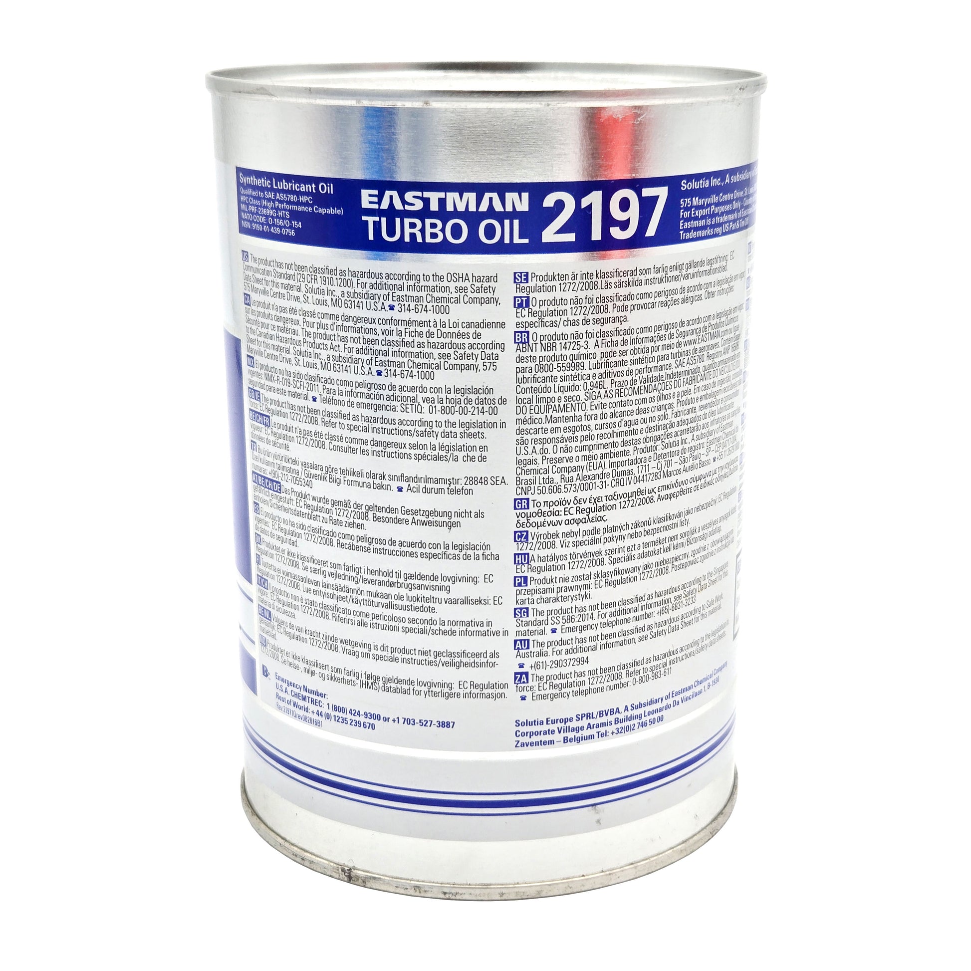 Eastman Turbo Oil 2197 MIL-PRF-23699F 1 quart back view with product details - advanced aviation turbine engine lubricant