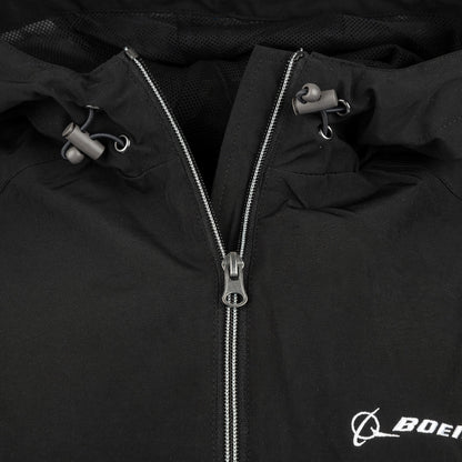 Close-up of black Boeing Newport Jacket hood drawcord and front zipper detail