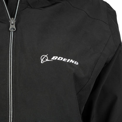 Detail view of black Ladies Boeing jacket embroidered Boeing logo on chest
