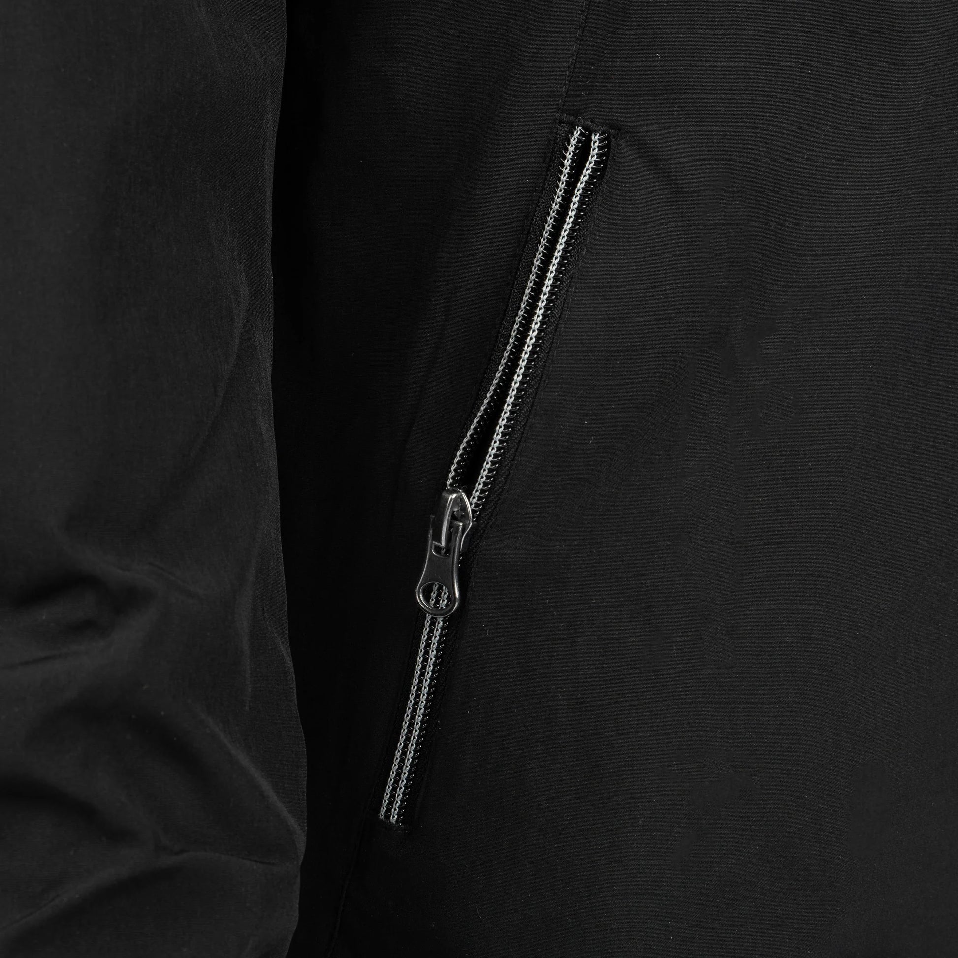 Close-up of black Boeing Newport Jacket zippered side pocket