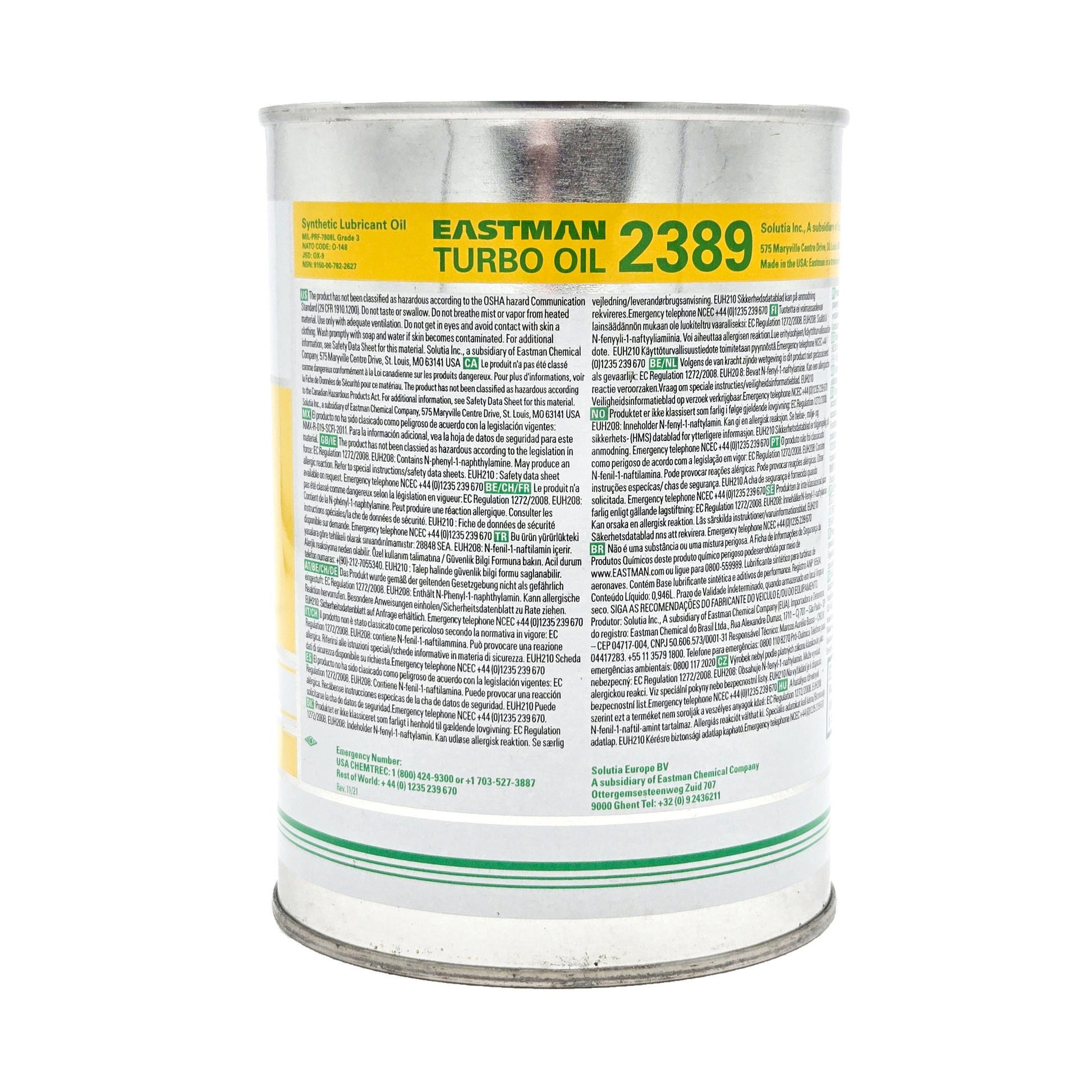 Eastman 2389 Turbine Engine Oil – Side View Showing Container Shape and Grip