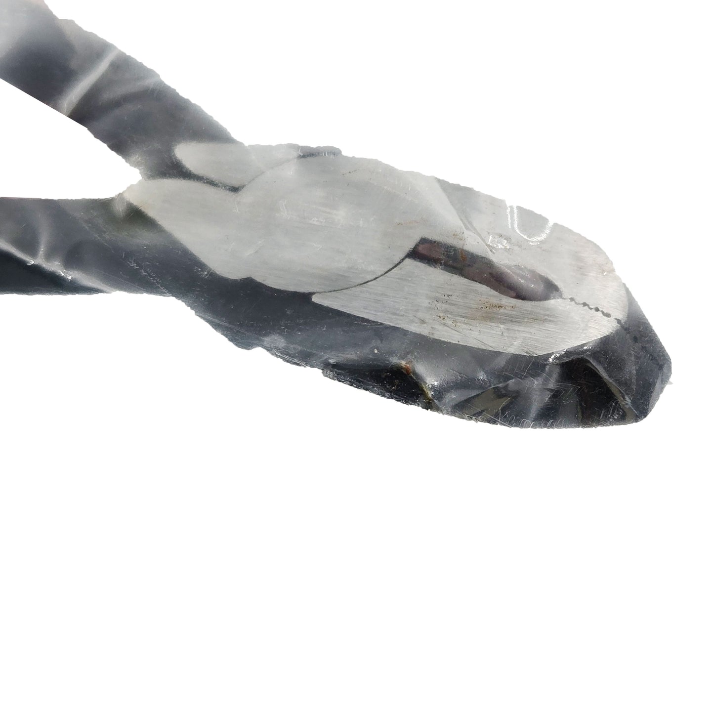 Front close-up of Milbar safety wire pliers jaws showing serrated teeth through protective plastic wrap
