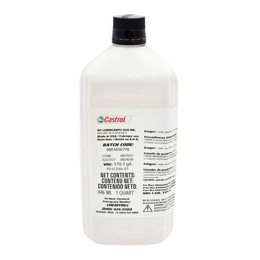 Castrol Aero 40 Yellow BMS3-32C Type II aircraft hydraulic fluid, quart bottle front view with Castrol logo, batch code, DOM, VOC, and hazard label
