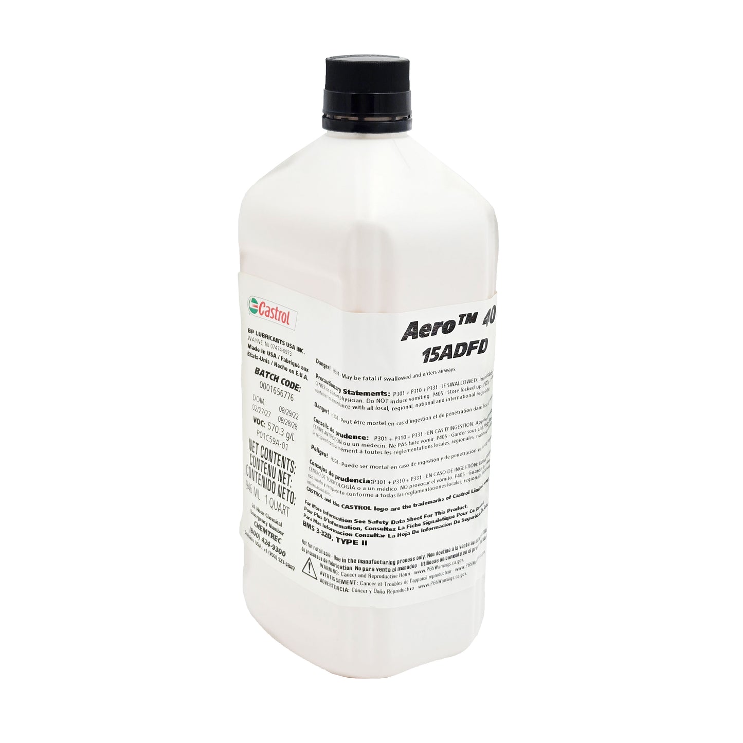 Castrol Aero 40 Yellow BMS3-32C Type II aircraft hydraulic fluid, quart bottle front view with Castrol logo, batch code, DOM, VOC, and hazard label