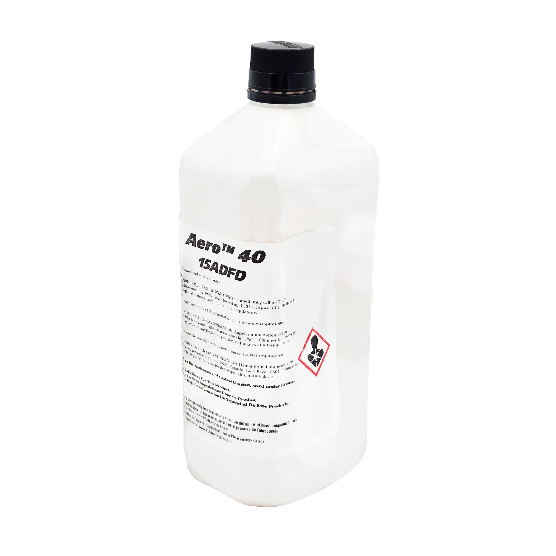 Castrol Aero 40 Type II aircraft hydraulic fluid, quart bottle side view with hazard pictogram, product name Aero 40 15ADFD, and safety precaution text