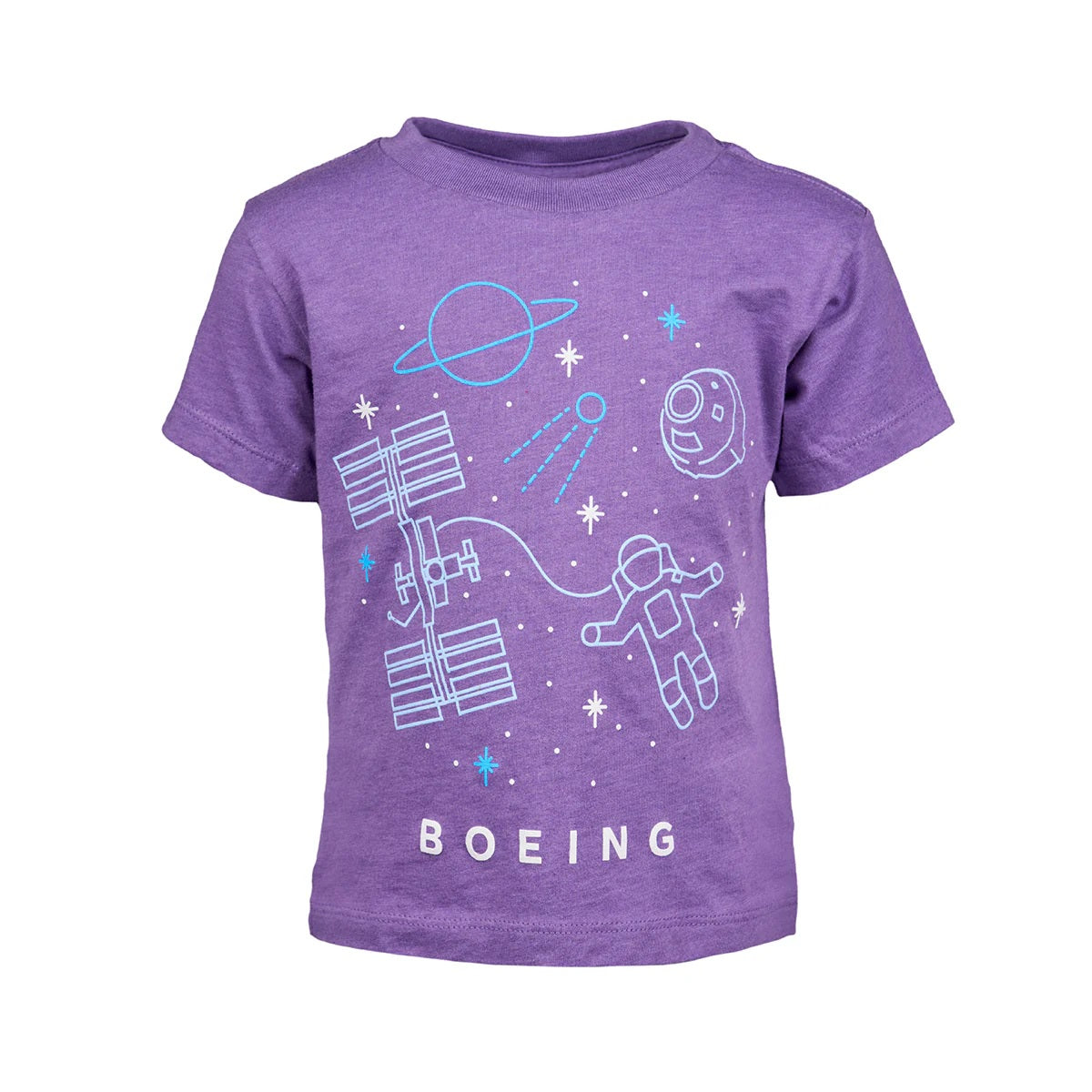 Boeing Space Doodle Toddler T-Shirt worn by child outdoors with space graphics