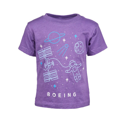 Boeing Space Doodle Toddler T-Shirt worn by child outdoors with space graphics