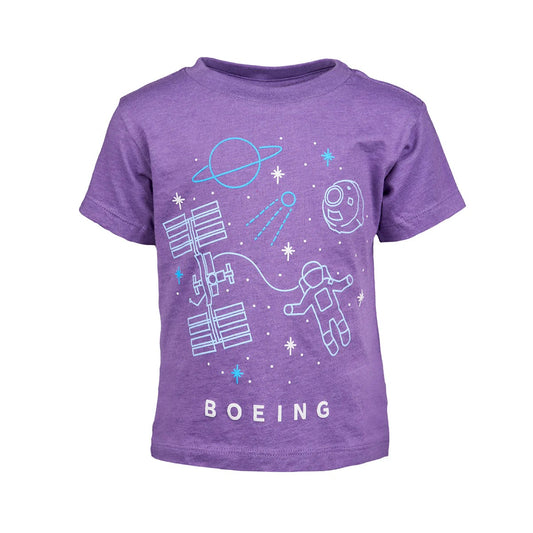 Boeing Space Doodle Toddler T-Shirt worn by child outdoors with space graphics