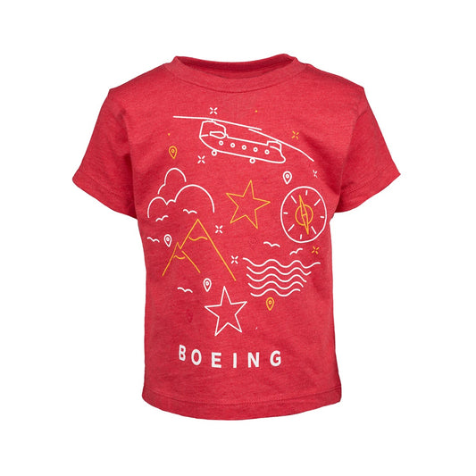 Boeing Defense Doodle toddler t-shirt in red with playful aviation graphics and Boeing logo