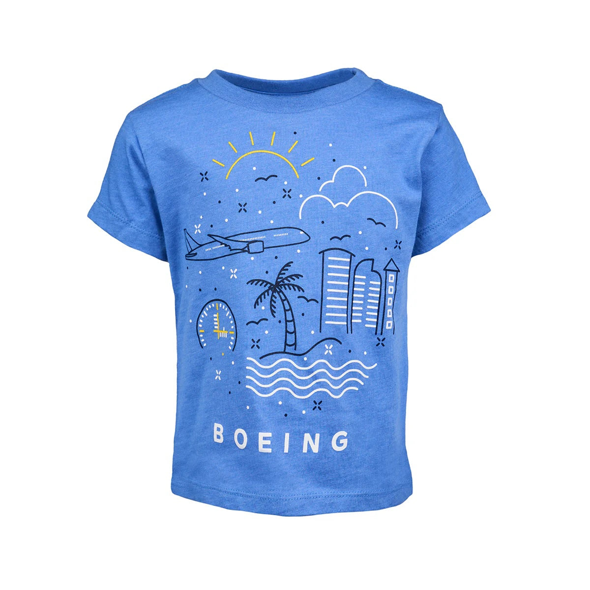 Boeing Commercial Doodle toddler t-shirt in blue featuring playful airplane and city illustration