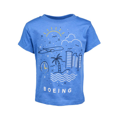 Boeing Commercial Doodle toddler t-shirt in blue featuring playful airplane and city illustration