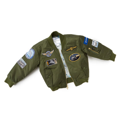 Youth Boeing flight jacket with embroidered aviation patches front view