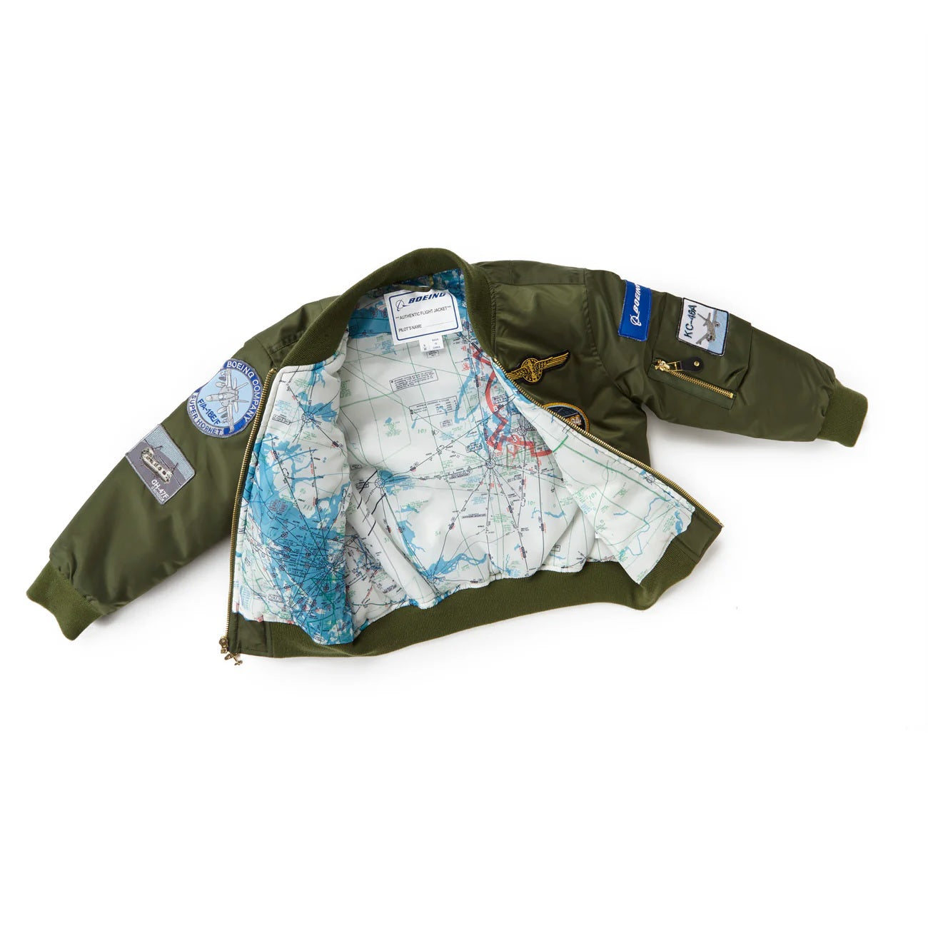 Youth Boeing flight jacket open showing aviation map interior lining