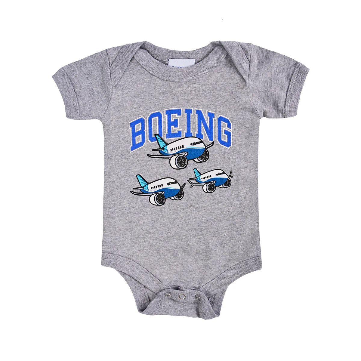 Boeing Baby Varsity Pudgy Onesie in athletic grey with varsity Boeing logo and airplane graphics