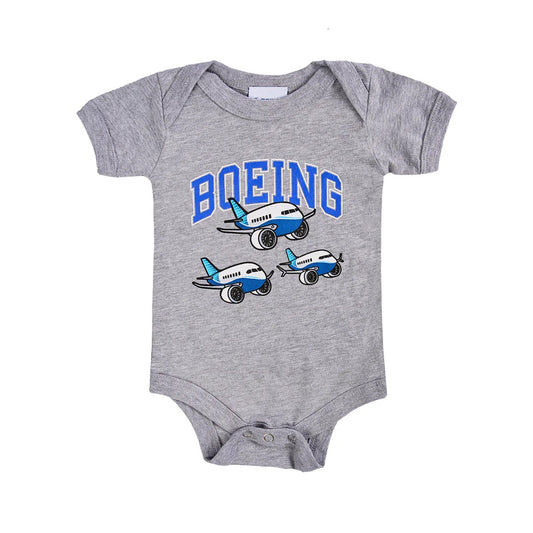 Boeing Baby Varsity Pudgy Onesie in athletic grey with varsity Boeing logo and airplane graphics