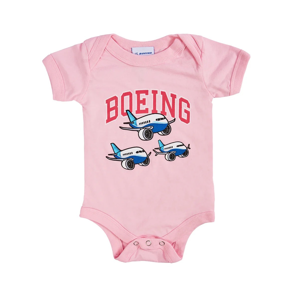 Boeing Baby Varsity Pudgy Onesie in pink with varsity Boeing logo and airplane graphics