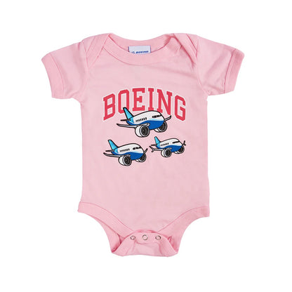 Boeing Baby Varsity Pudgy Onesie in pink with varsity Boeing logo and airplane graphics