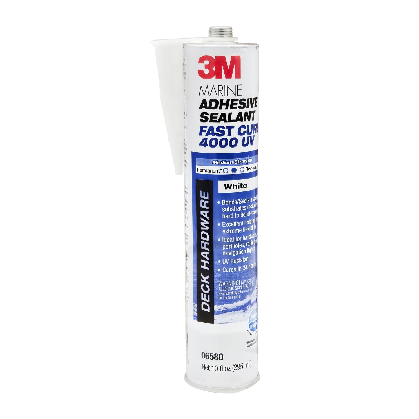 Front label of 3M Marine Adhesive Sealant 4000 UV showing medium-strength removable rating, white color, 10 fl oz volume, and deck hardware use.