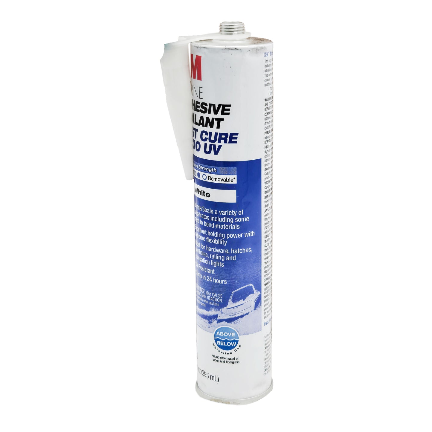 Three-quarter view of expired 3M Marine Adhesive Sealant 4000 UV Fast Cure white cartridge showing UV-resistant, flexible formula and attached nozzle.