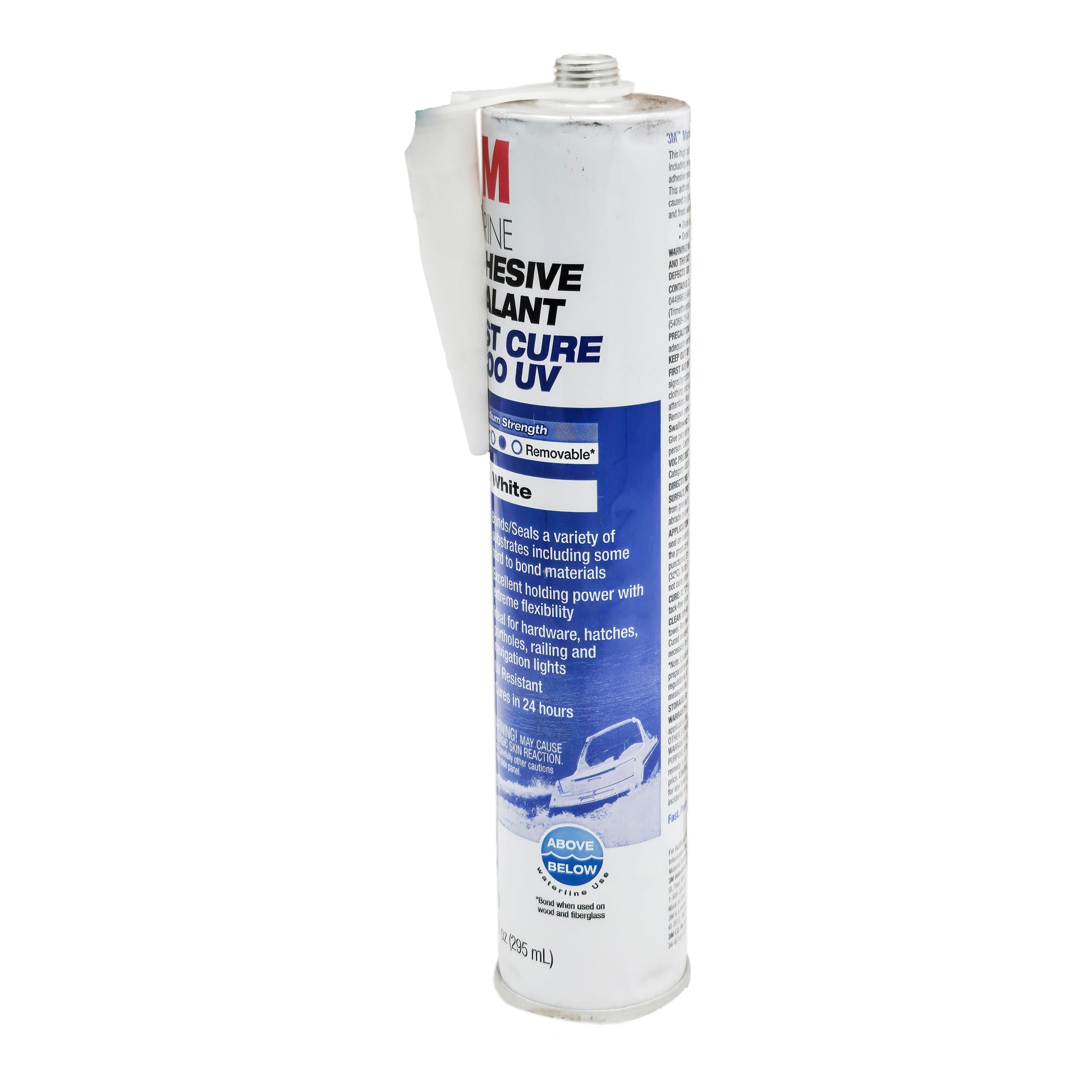 Three-quarter view of expired 3M Marine Adhesive Sealant 4000 UV Fast Cure white cartridge showing UV-resistant, flexible formula and attached nozzle.
