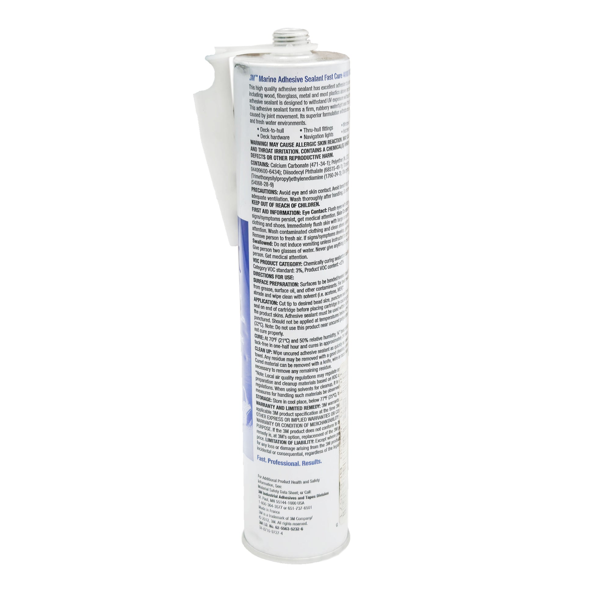 Back label of 3M 4000 UV marine sealant showing application instructions, surface preparation steps, ingredient list, and skin allergy warning.