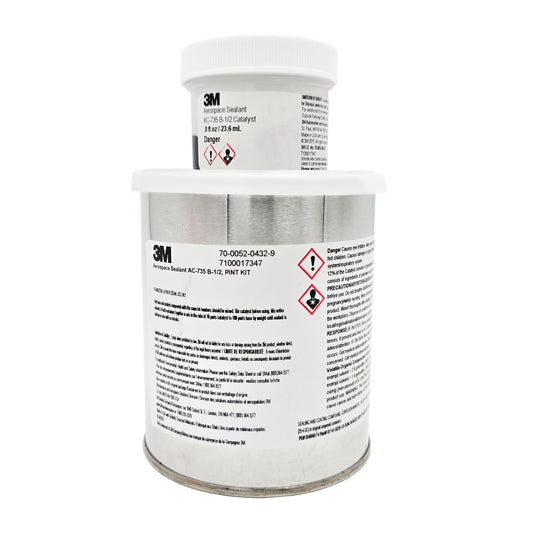 Full view of 3M Aerospace Sealant AC-735 B-1/2 pint kit showing silver base can and smaller catalyst jar stacked together.