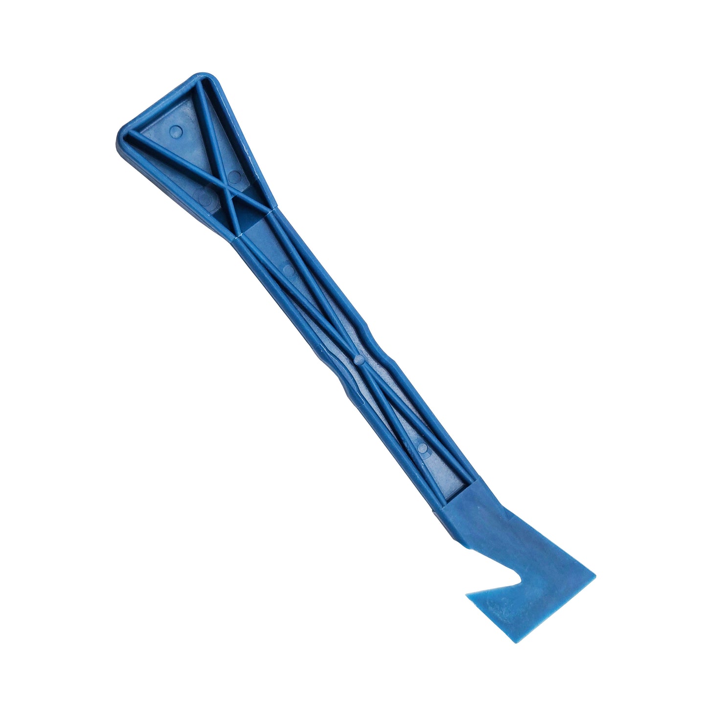 Back view of PolyScrapers blue plastic sealant removal tool showing reinforced molded ribs and claw tip.