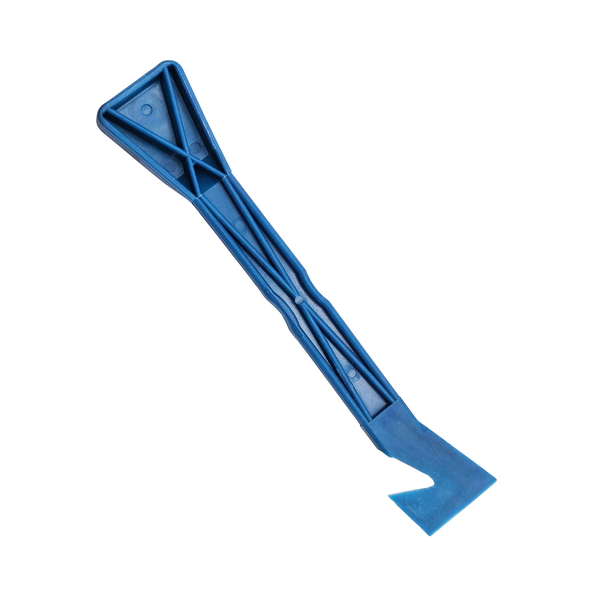 Back view of PolyScrapers blue plastic sealant removal tool showing reinforced molded ribs and claw tip.