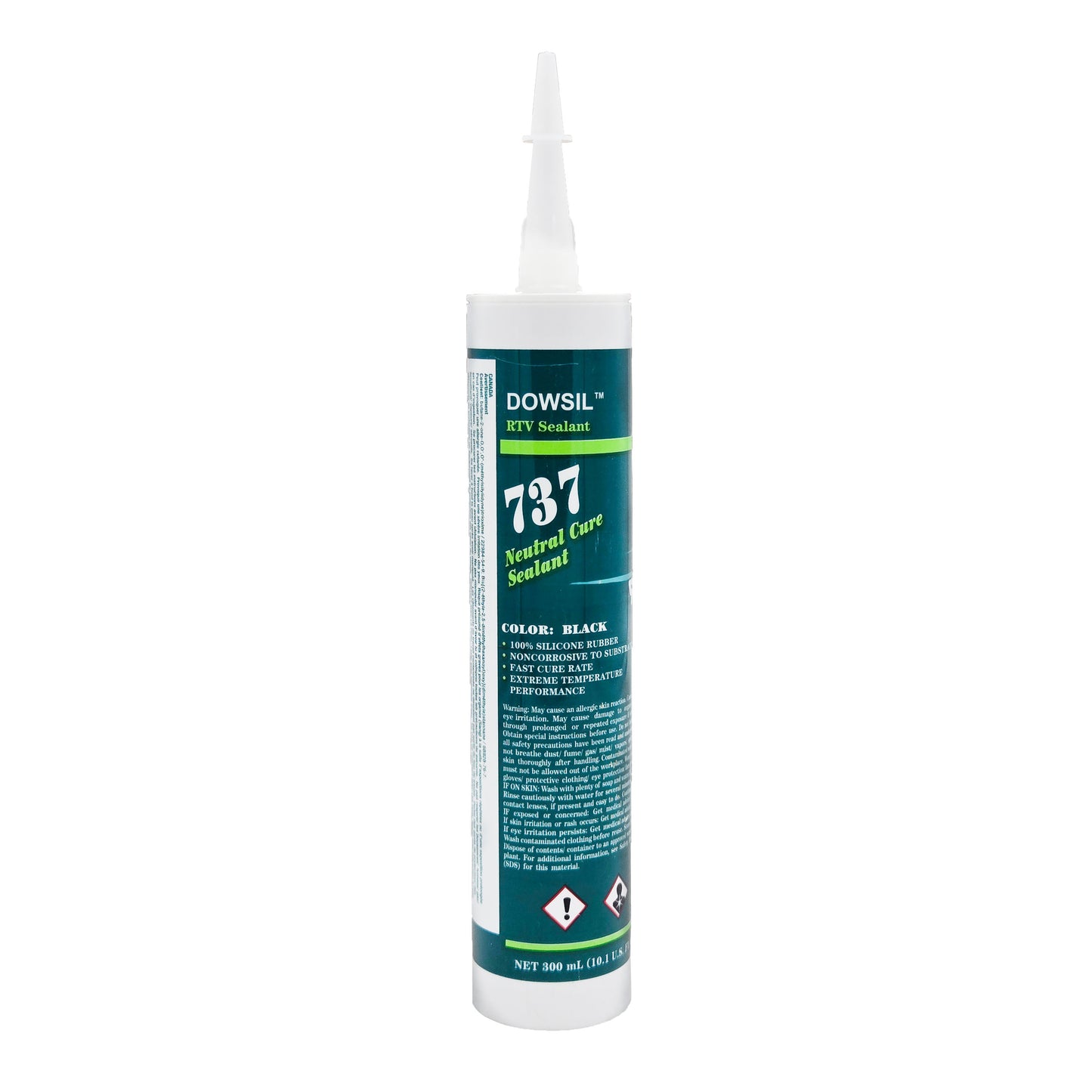 DOWSIL 737 Neutral Cure Sealant – Front View of Black High-Performance RTV Adhesive Cartridge"

Side One: "DOWSIL 737 RTV Sealant – Side Panel View One Highlighting Product Label"

Side Two: "DOWSIL 737 Neutral Cure Sealant – Side Panel View Two Showing Application Information"

Back Panel: "DOWSIL 737 RTV Adhesive – Back Panel with Safety Instructions and Specifications