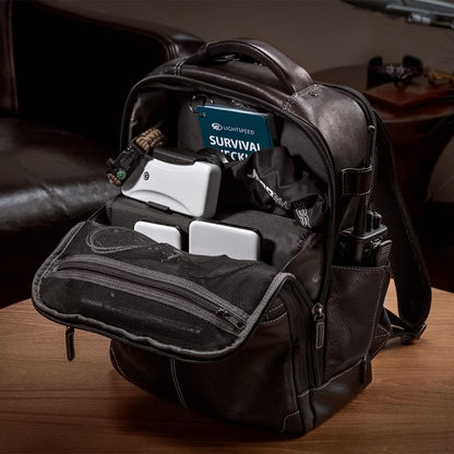 Open front pocket showing tablet and accessory storage compartments