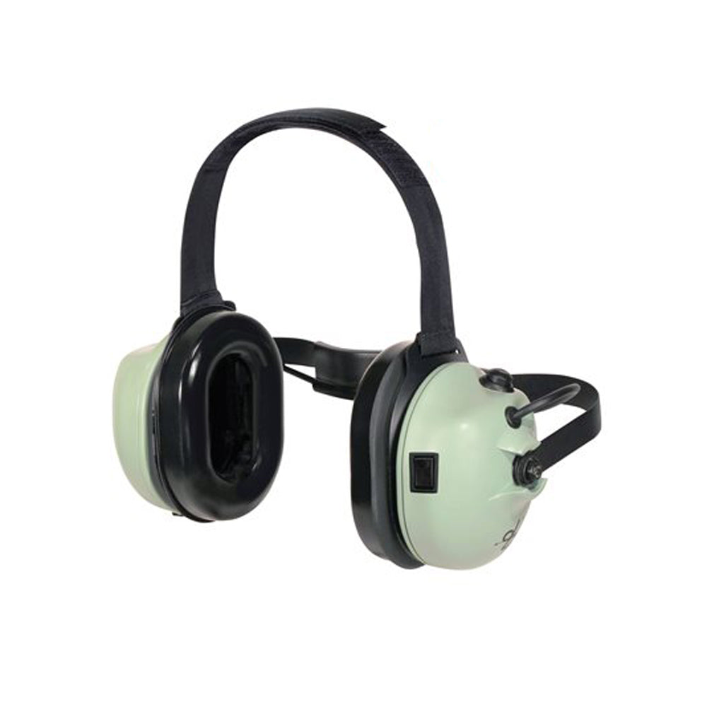 Bluetooth headset made by David Clark, designed for listening only, with soft ear cushions and a headband that goes behind the head.