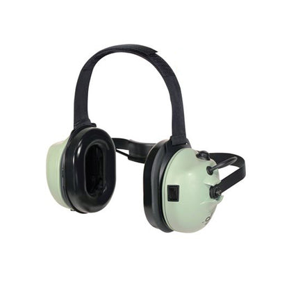 Bluetooth headset made by David Clark, designed for listening only, with soft ear cushions and a headband that goes behind the head.