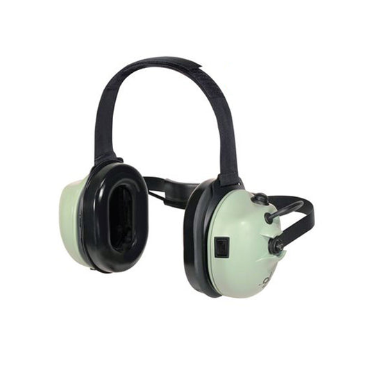 Bluetooth headset made by David Clark, designed for listening only, with soft ear cushions and a headband that goes behind the head.