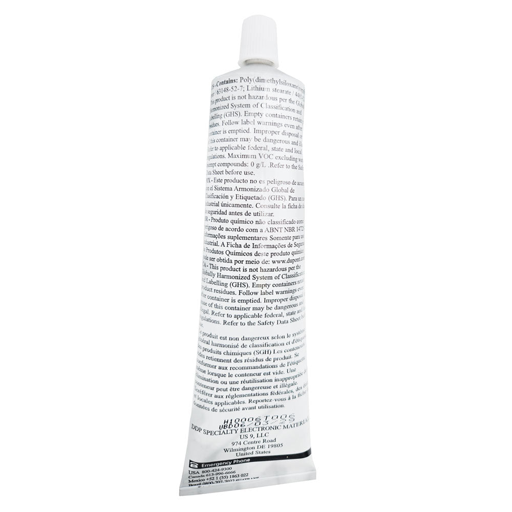 MOLYKOTE® 44 Medium High-Temperature Grease, 5.3oz tube out of box, silicone-based lubricant | Back of tube