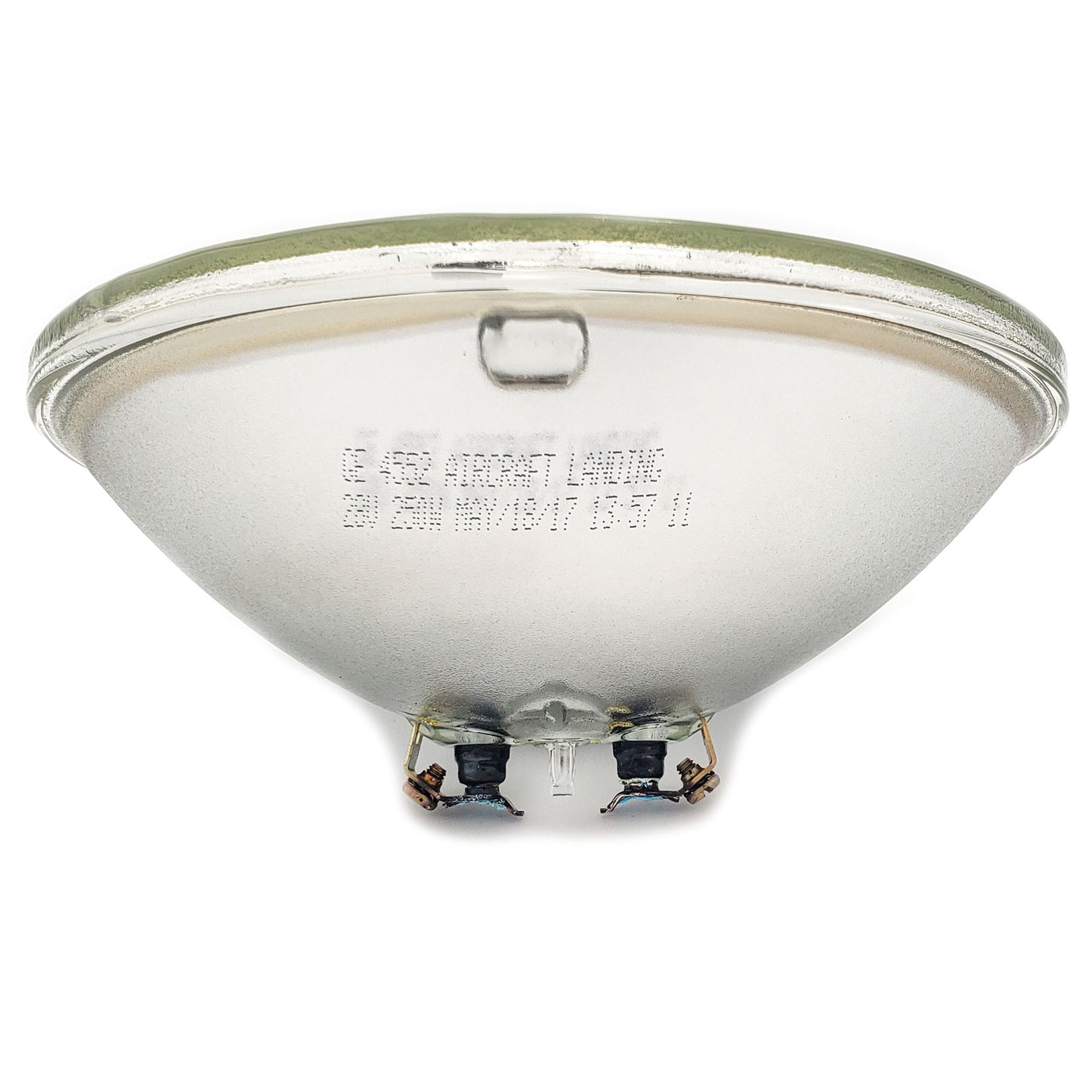 GE Sealed Beam Aircraft Light 4552 40576 – Side and Bottom View Showing Conical Shape, Electrical Terminals, and Etched Landing Light Specs